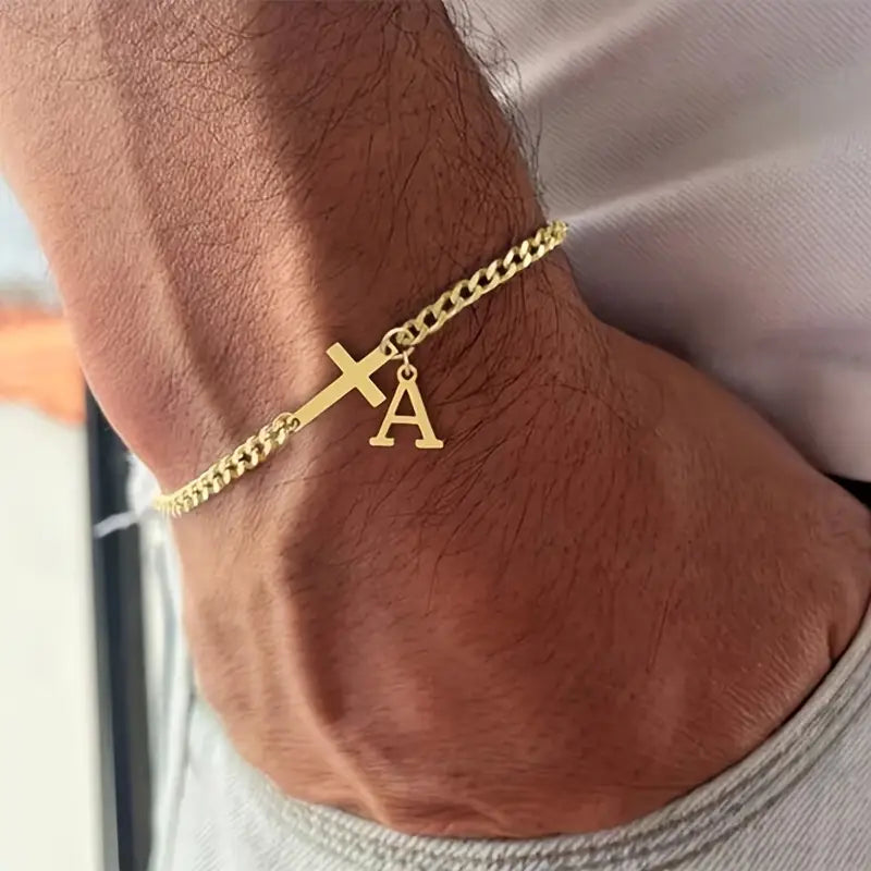 Pulseira Prata Cruz com Inicial