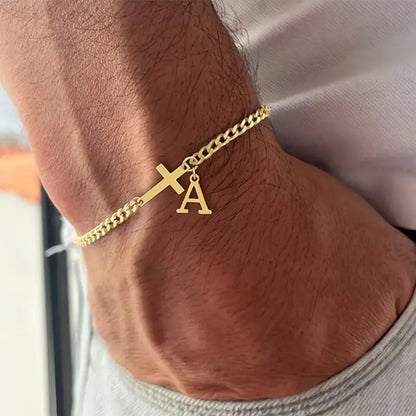 Pulseira Prata Cruz com Inicial